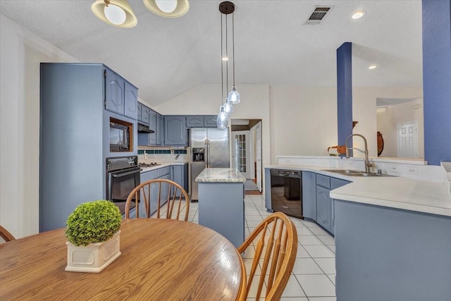 kitchen with vaulted ceiling, pendant lighting, a center island, light tile patterned floors, and black appliances