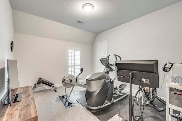 exercise room with lofted ceiling, carpet, and a textured ceiling