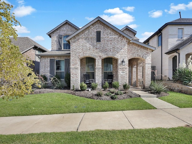 french provincial home featuring brick siding, a porch, and a front lawn