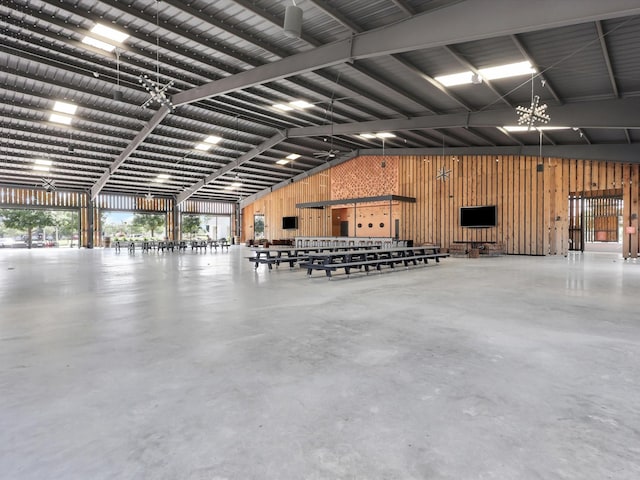 garage with wood walls