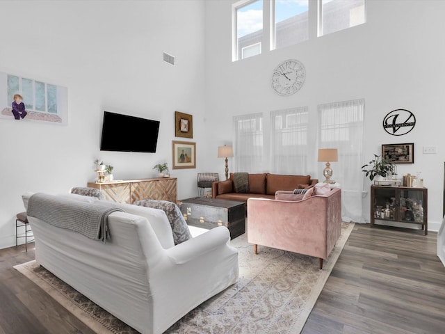 living room featuring a high ceiling and hardwood / wood-style floors