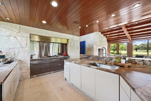 kitchen featuring sink, white cabinetry, wooden ceiling, exhaust hood, and stainless steel gas stovetop