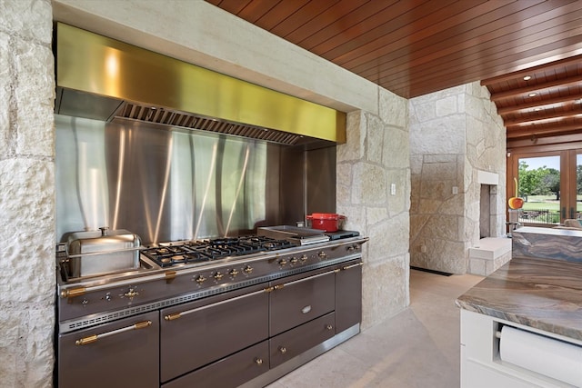 kitchen featuring wooden ceiling and a fireplace