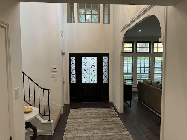 foyer entrance with a towering ceiling and dark hardwood / wood-style flooring