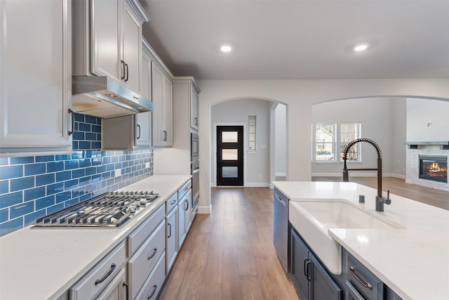 kitchen featuring sink, tasteful backsplash, light wood-type flooring, appliances with stainless steel finishes, and gray cabinets