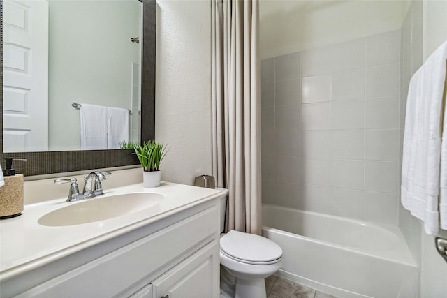 full bathroom with shower / bath combination with curtain, vanity, tile patterned flooring, and toilet