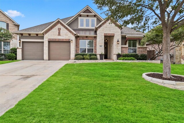 craftsman inspired home featuring a front yard and a garage