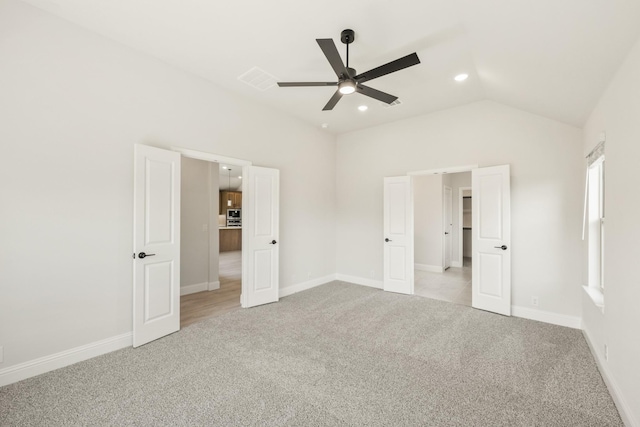3350 Blazing Star Dr, Crandall, TX 75114 - unfurnished bedroom featuring light carpet, vaulted ceiling, recessed lighting, baseboards, and a ceiling fan