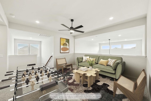 3350 Blazing Star Dr, Crandall, TX 75114 - living area featuring healthy amount of natural light, ceiling fan, recessed lighting, and baseboards