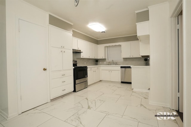 kitchen featuring sink, crown molding, white cabinets, and appliances with stainless steel finishes