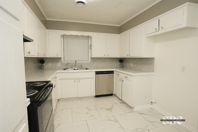 kitchen featuring sink, white cabinetry, ornamental molding, black range with electric cooktop, and stainless steel dishwasher