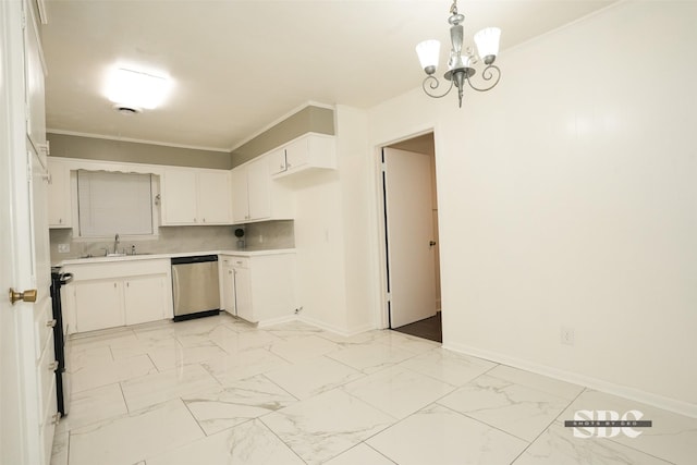 kitchen with white cabinetry, crown molding, tasteful backsplash, dishwasher, and pendant lighting