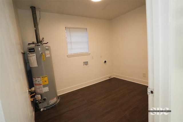 clothes washing area with dark hardwood / wood-style flooring, washer hookup, water heater, and hookup for an electric dryer