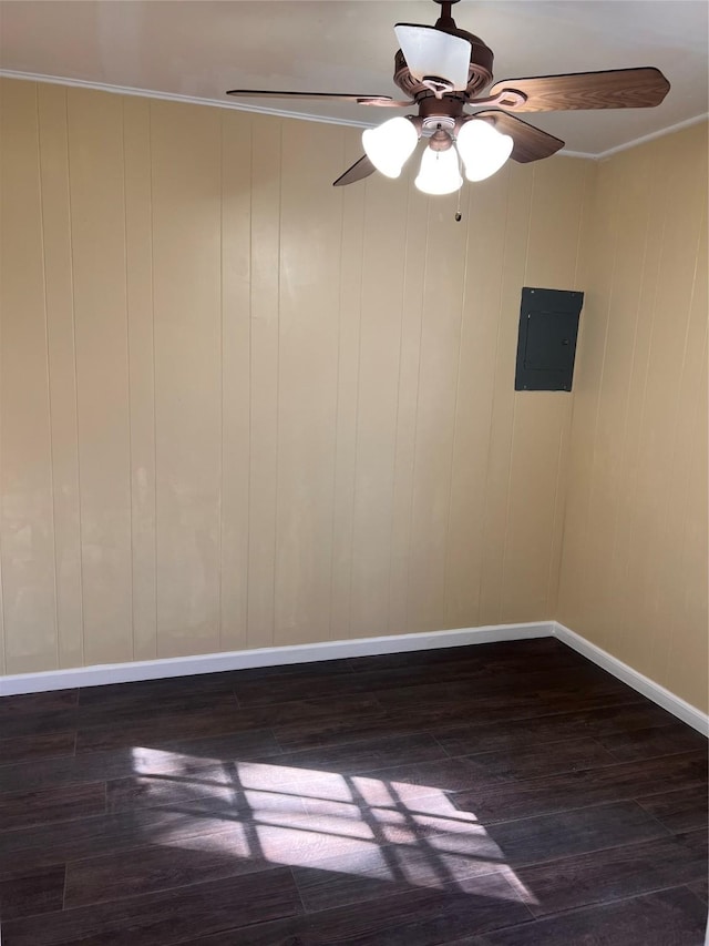 spare room featuring crown molding, electric panel, and dark hardwood / wood-style flooring