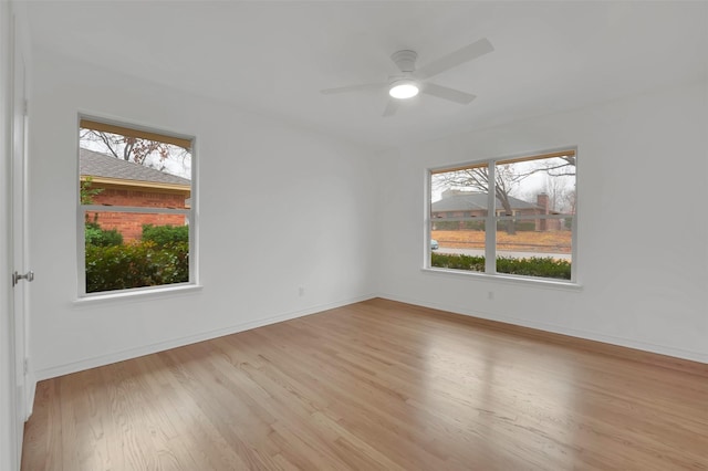 empty room featuring plenty of natural light, ceiling fan, and light hardwood / wood-style flooring