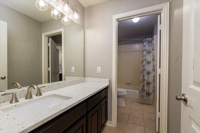 full bathroom featuring toilet, shower / tub combo, tile patterned flooring, and vanity