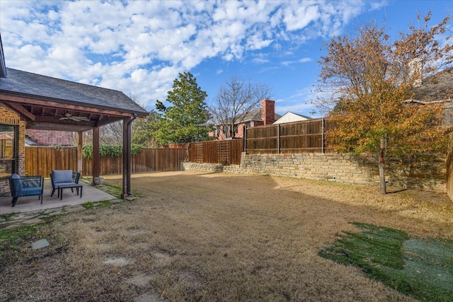 view of yard featuring a fenced backyard and a patio