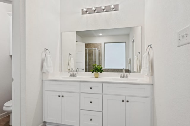 bathroom with vanity, toilet, and a shower with shower door