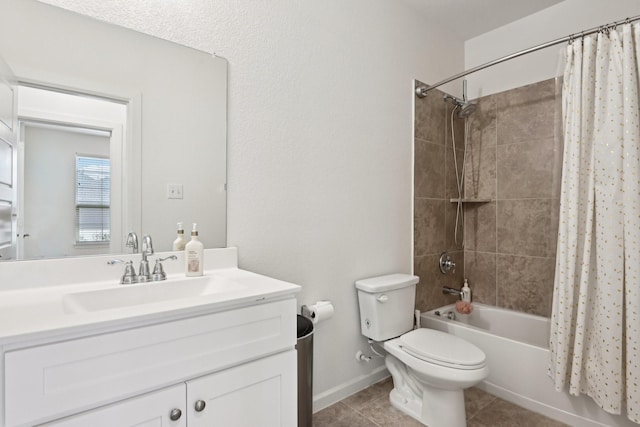 full bathroom featuring vanity, shower / tub combo with curtain, tile patterned floors, and toilet