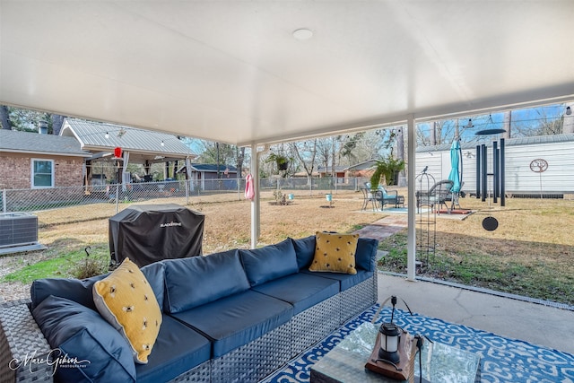 view of patio with an outdoor hangout area, central AC, and grilling area