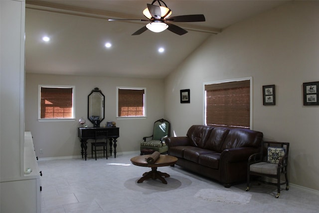 living room with lofted ceiling and ceiling fan