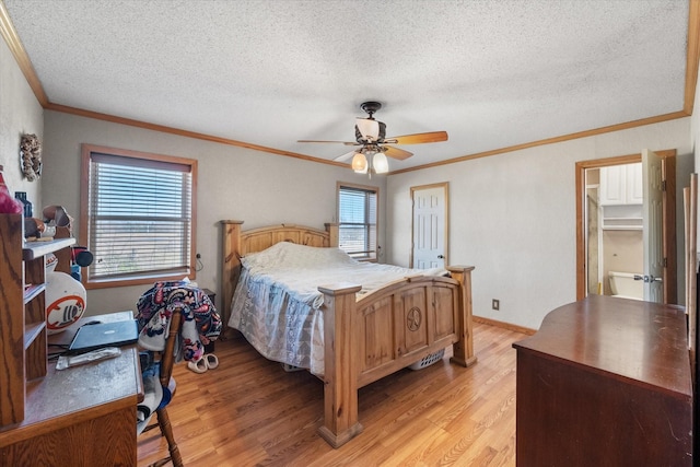 bedroom with crown molding, ceiling fan, a textured ceiling, and light wood-type flooring