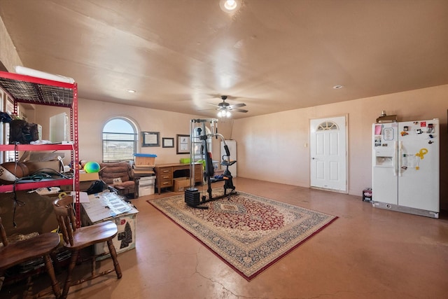 workout area featuring ceiling fan