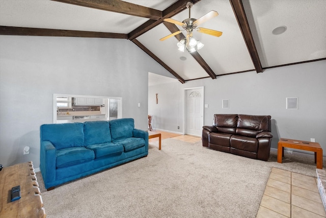 carpeted living room with beam ceiling, ceiling fan, a textured ceiling, and high vaulted ceiling