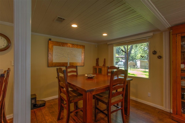 dining room featuring hardwood / wood-style floors, wood ceiling, and ornamental molding