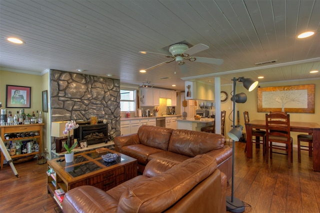 living room featuring hardwood / wood-style flooring, ornamental molding, wooden ceiling, and ceiling fan