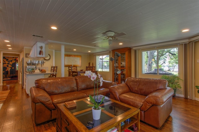 living room with wood ceiling, ceiling fan, and hardwood / wood-style floors