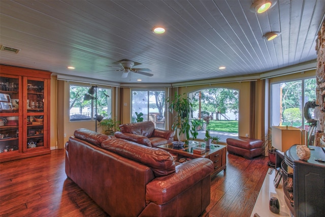 living room featuring wooden ceiling and dark hardwood / wood-style floors