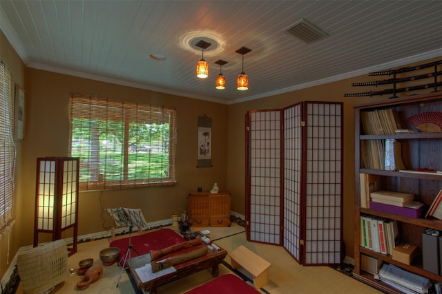 miscellaneous room featuring crown molding and wood ceiling