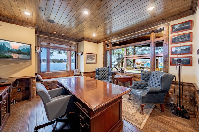 office area featuring ornamental molding, hardwood / wood-style floors, and wooden ceiling