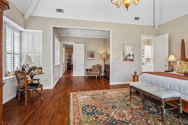 bedroom featuring a chandelier, dark hardwood / wood-style flooring, vaulted ceiling with beams, and ornamental molding