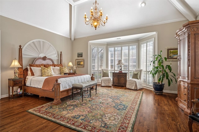 bedroom featuring a notable chandelier, lofted ceiling with beams, dark hardwood / wood-style floors, and ornamental molding