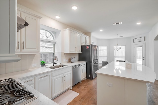 509 Christie Xing, Celina, TX 75009 - kitchen featuring sink, light hardwood / wood-style flooring, appliances with stainless steel finishes, a kitchen island, and white cabinets