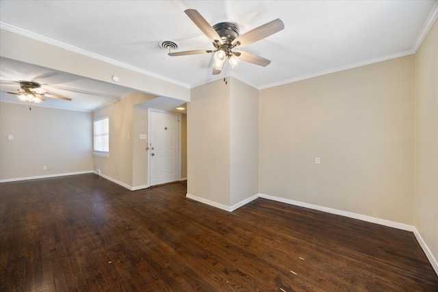 unfurnished room featuring crown molding, dark wood-type flooring, and ceiling fan