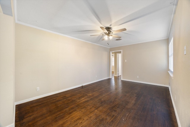 unfurnished room with ceiling fan, ornamental molding, and dark hardwood / wood-style floors