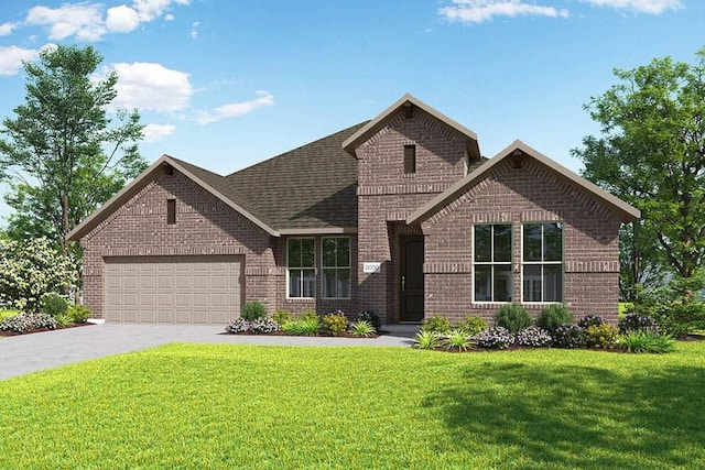 view of front of home with a garage and a front lawn