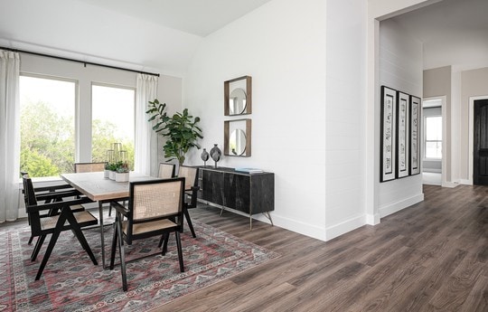 dining room with vaulted ceiling, a healthy amount of sunlight, and dark hardwood / wood-style flooring