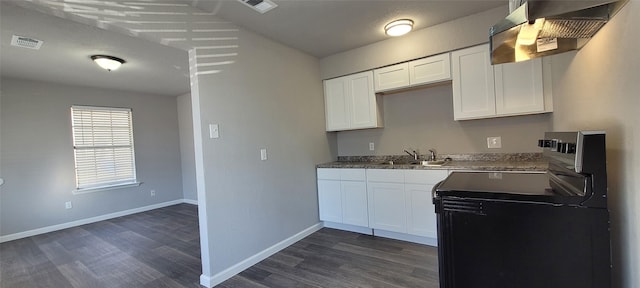 kitchen featuring white cabinetry, sink, dark hardwood / wood-style floors, and electric stove