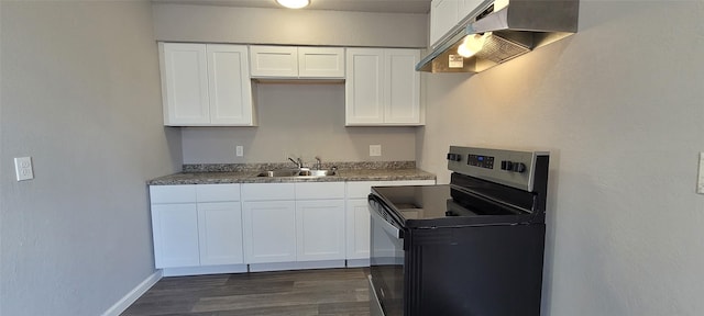 kitchen featuring sink, extractor fan, stainless steel electric range, dark hardwood / wood-style flooring, and white cabinets