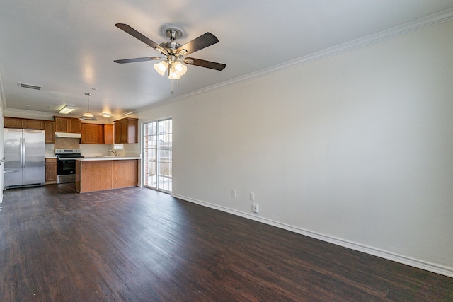 unfurnished living room featuring baseboards, dark wood-style flooring, visible vents, and crown molding