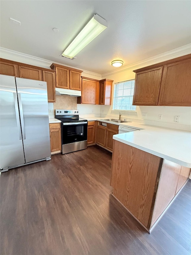 kitchen with sink, ornamental molding, dark hardwood / wood-style floors, kitchen peninsula, and stainless steel appliances