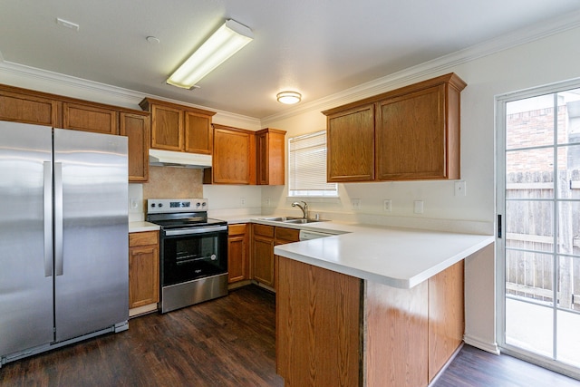 kitchen featuring a peninsula, stainless steel appliances, light countertops, under cabinet range hood, and a sink