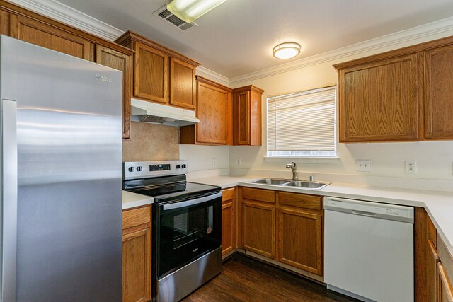 kitchen featuring sink, dishwasher, dark hardwood / wood-style floors, ornamental molding, and stainless steel range with electric cooktop