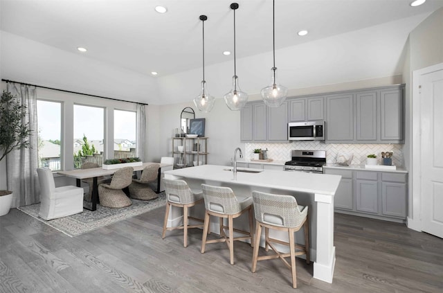 kitchen with wood finished floors, appliances with stainless steel finishes, a sink, and gray cabinetry