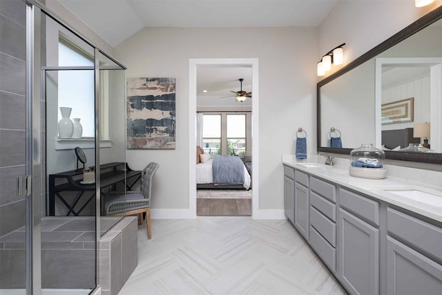 full bath with double vanity, ensuite bath, a shower stall, and a sink