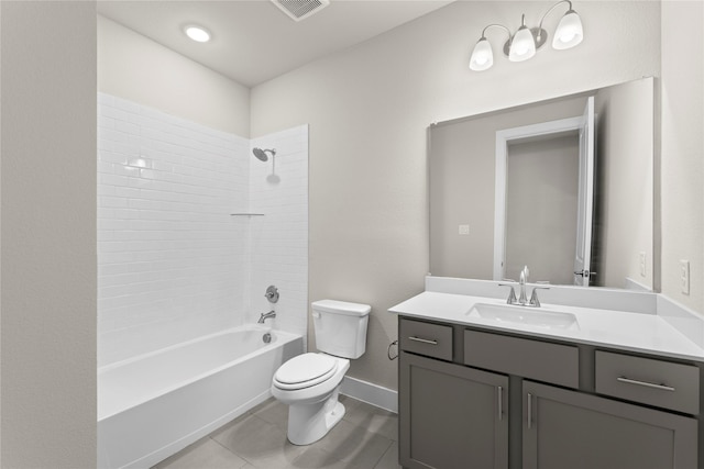 bathroom featuring tile patterned flooring, toilet, visible vents, vanity, and  shower combination